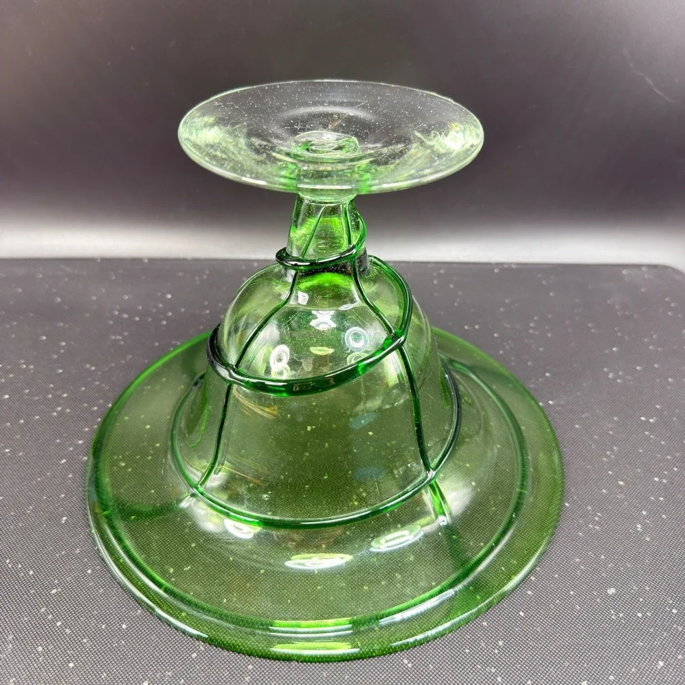 Aromatique Green Swirl Glass Bowl Mouth Blown 6x8 Made in USA Footed Centerpiece